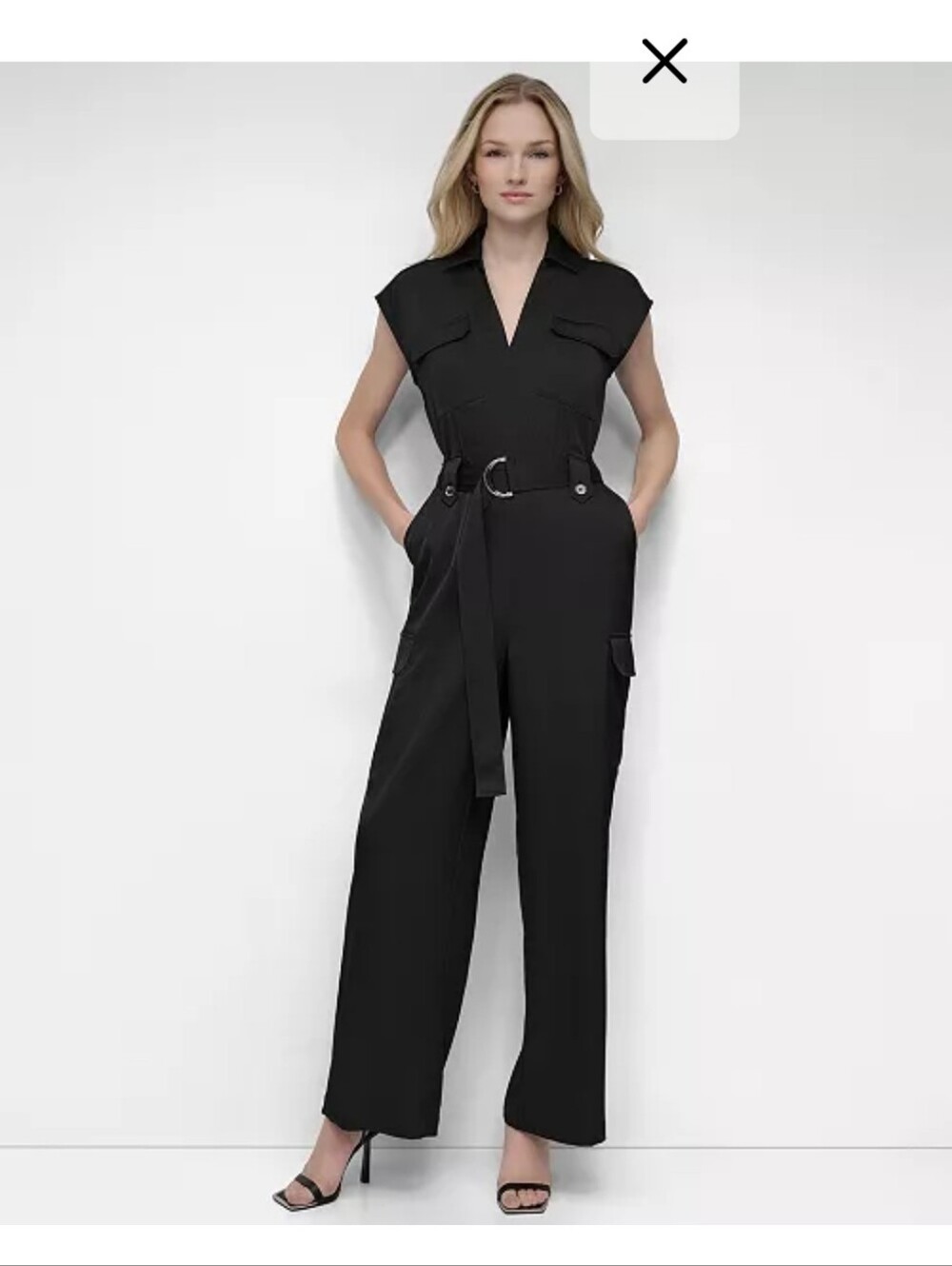 DKNY NWT Black Utility Cargo Wide Leg Jumpsuit Size 14 Belted $139 Party